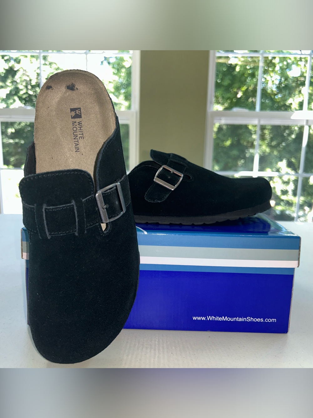 White Mountain Black Suede Buckle Mule Clogs